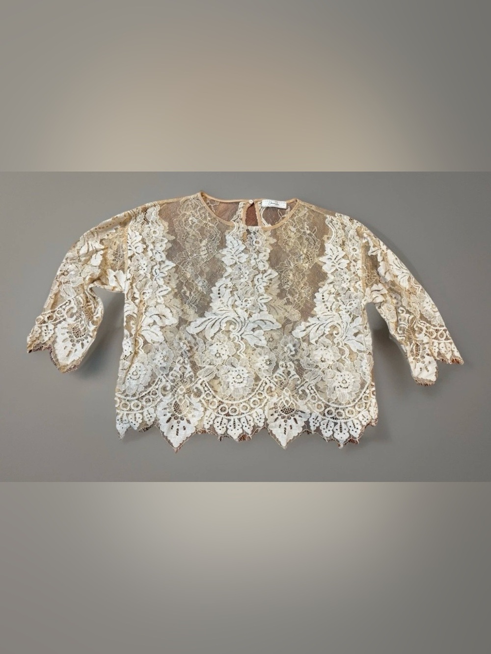 Obsessive Love Tan and White Lace Overlay Relaxed Cropped Qtr Sleeve Top Sz M